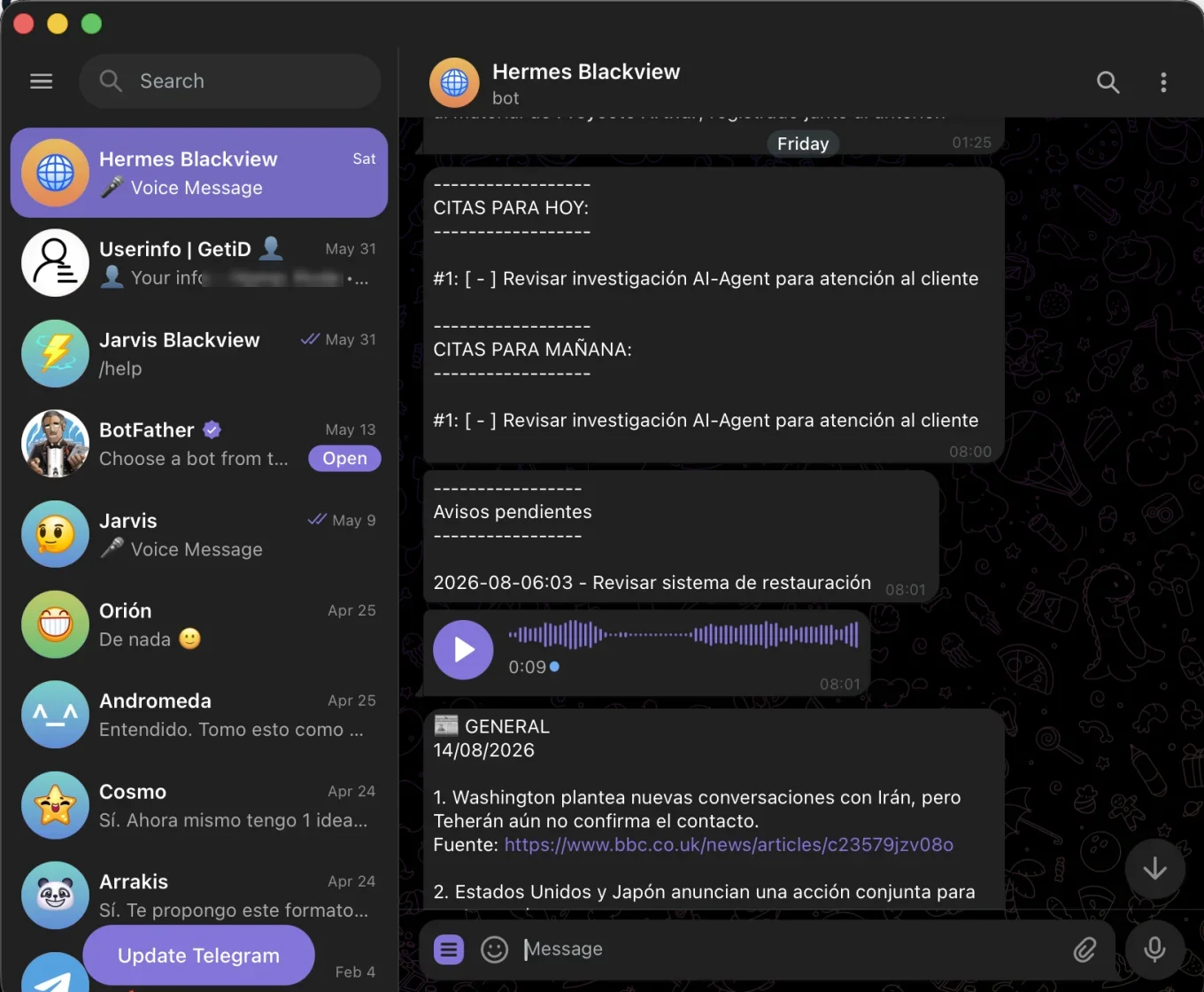 Conversación de chat en la que el bot responde al usuario con las citas del día y del día siguiente y con los avisos pendientes de validar.